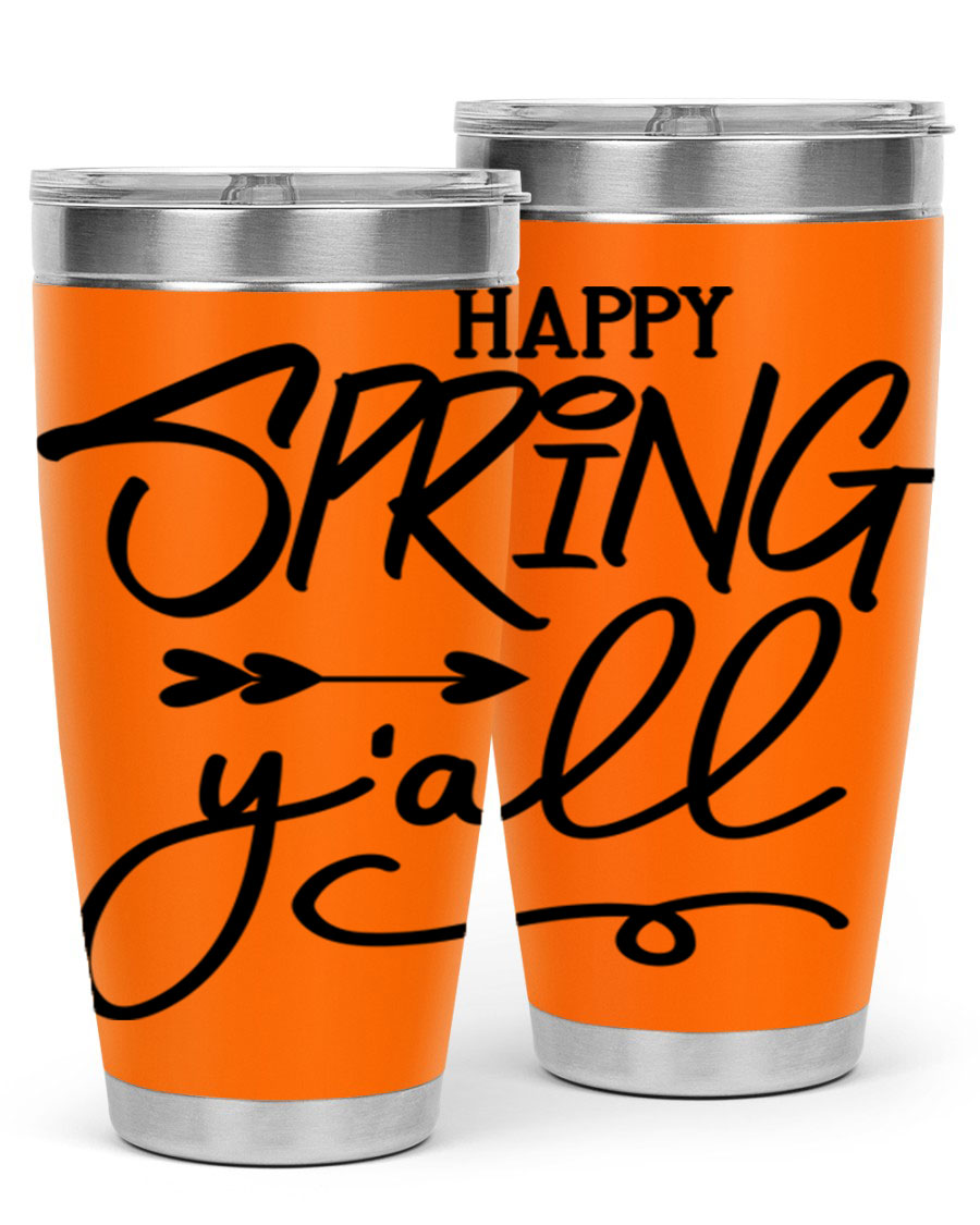 Happy Spring Y'all Tumbler in vibrant colors, showcasing its double wall vacuum stainless steel design and drink-thru lid.