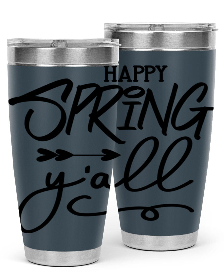 Happy Spring Y'all Tumbler in vibrant colors, showcasing its double wall vacuum stainless steel design and drink-thru lid.