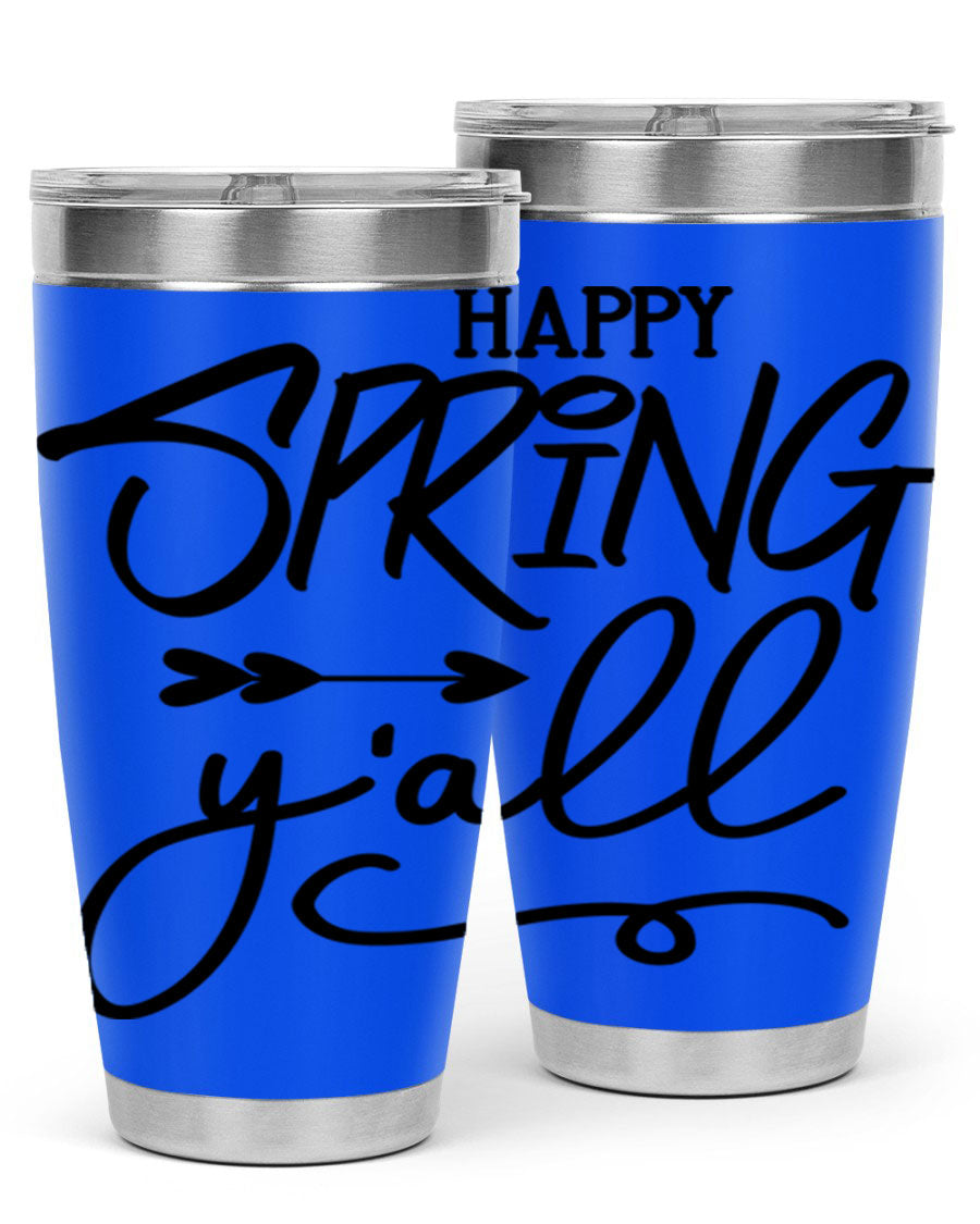 Happy Spring Y'all Tumbler in vibrant colors, showcasing its double wall vacuum stainless steel design and drink-thru lid.