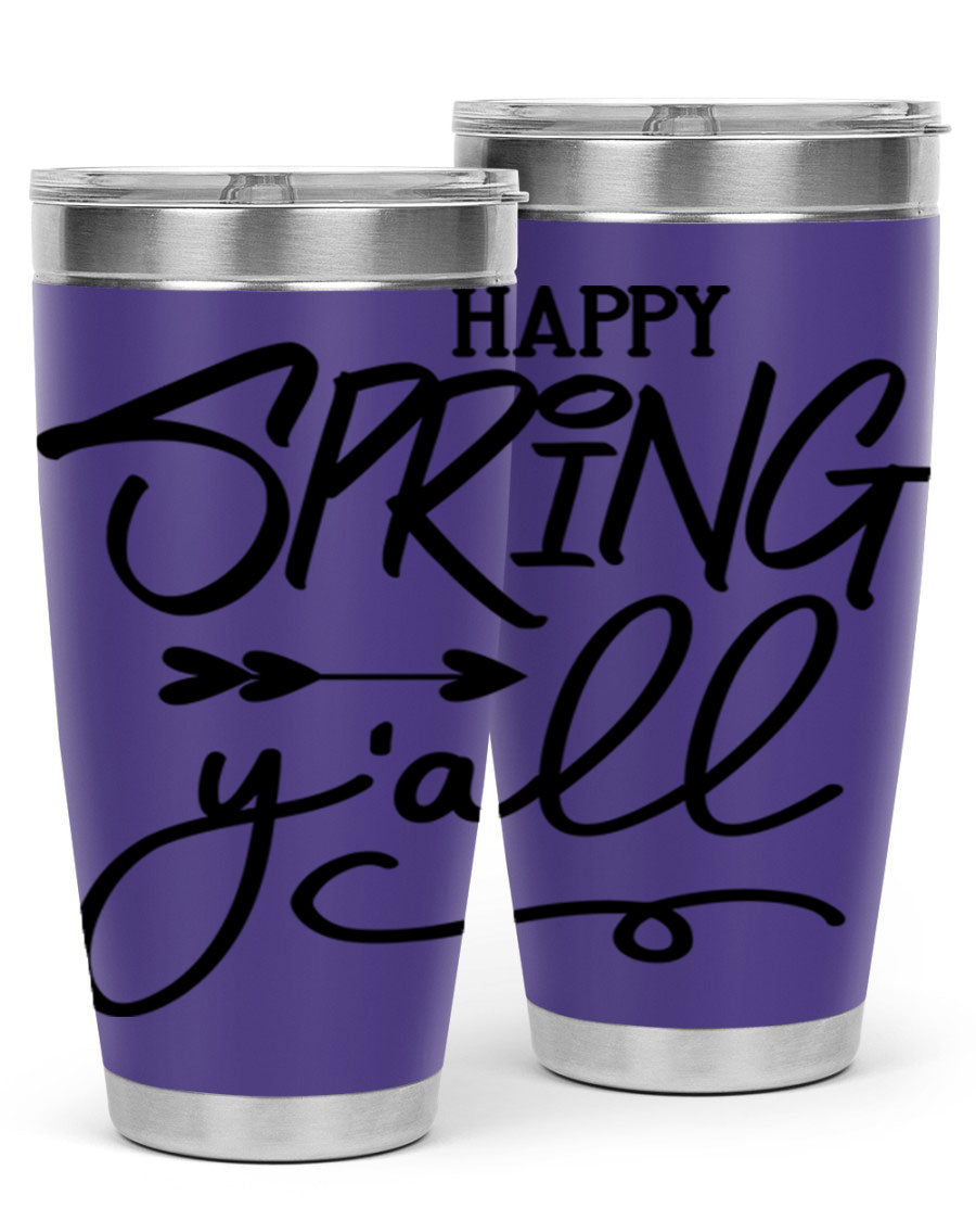 Happy Spring Y'all Tumbler in vibrant colors, showcasing its double wall vacuum stainless steel design and drink-thru lid.