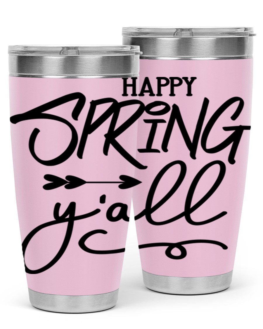Happy Spring Y'all Tumbler in vibrant colors, showcasing its double wall vacuum stainless steel design and drink-thru lid.
