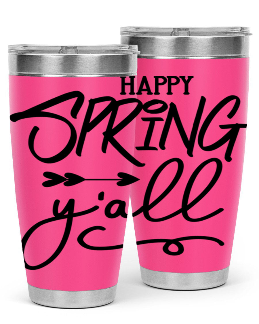 Happy Spring Y'all Tumbler in vibrant colors, showcasing its double wall vacuum stainless steel design and drink-thru lid.