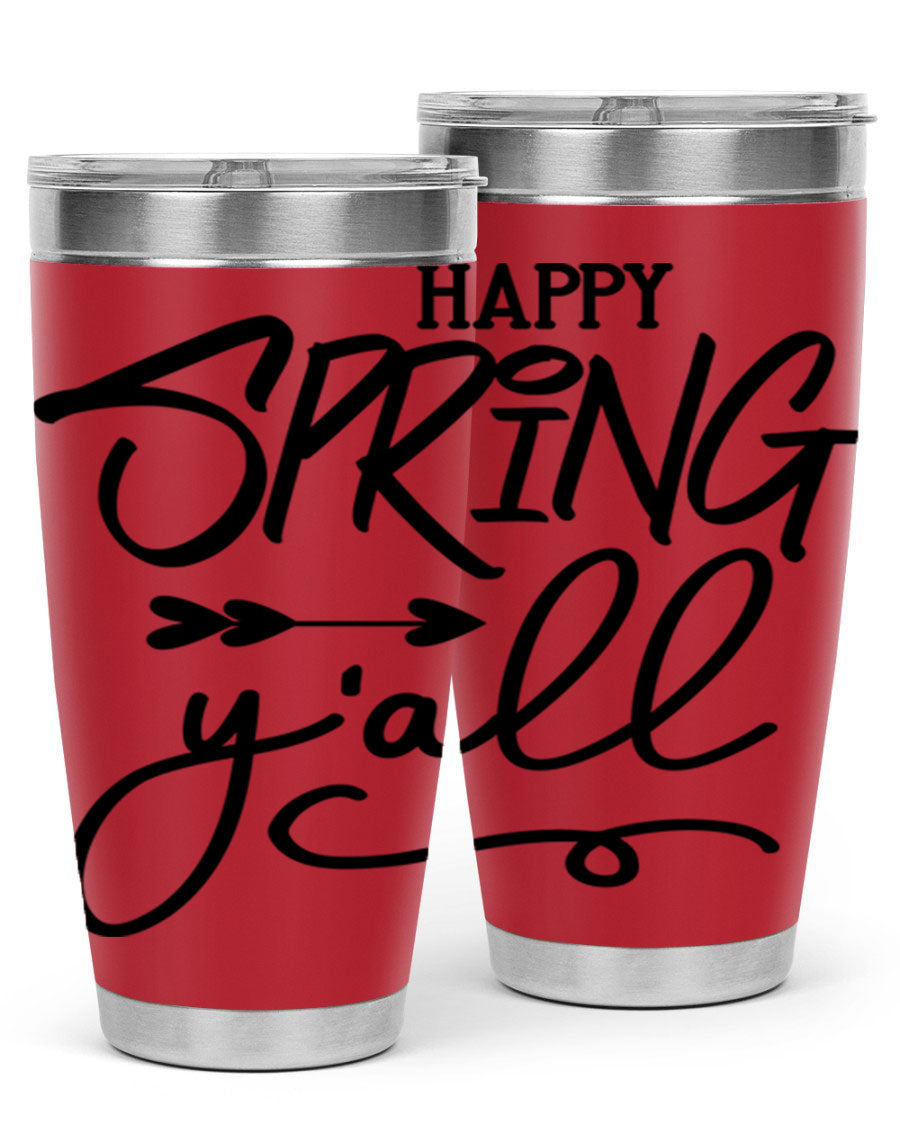 Happy Spring Y'all Tumbler in vibrant colors, showcasing its double wall vacuum stainless steel design and drink-thru lid.