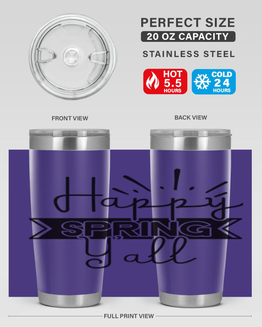 Happy Spring Yall173# Tumbler in vibrant colors, showcasing its double wall vacuum stainless steel design and drink-thru lid.