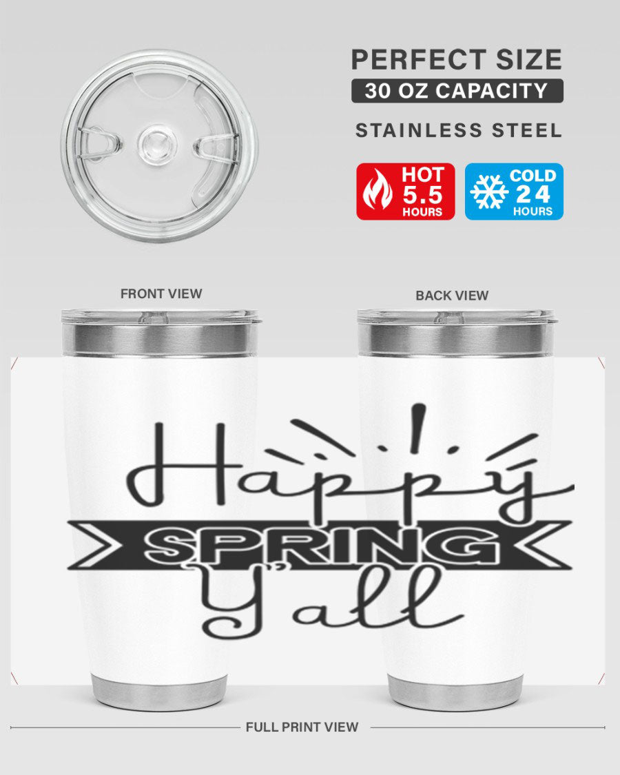 Happy Spring Yall173# Tumbler in vibrant colors, showcasing its double wall vacuum stainless steel design and drink-thru lid.