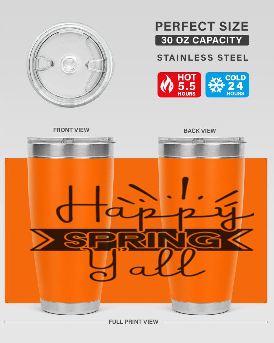 Happy Spring Yall173# Tumbler in vibrant colors, showcasing its double wall vacuum stainless steel design and drink-thru lid.