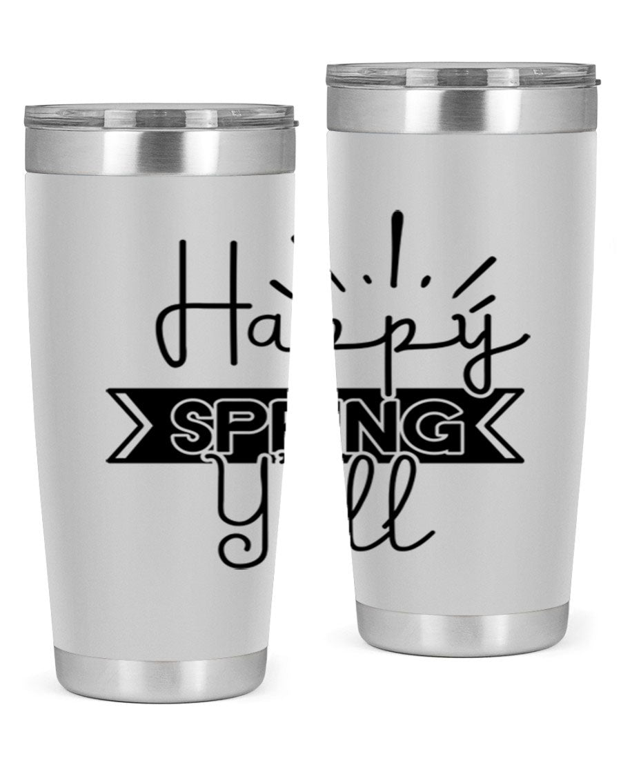 Happy Spring Yall173# Tumbler in vibrant colors, showcasing its double wall vacuum stainless steel design and drink-thru lid.