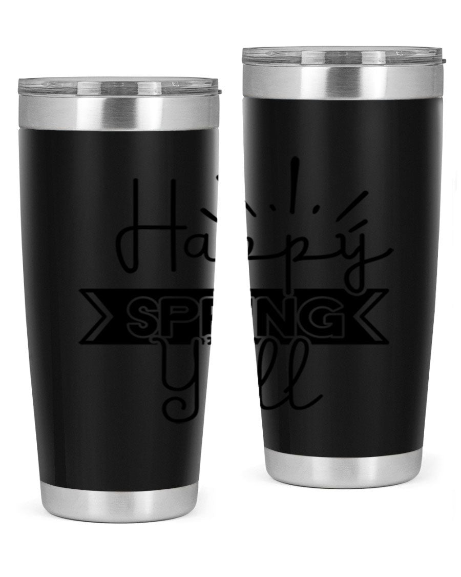 Happy Spring Yall173# Tumbler in vibrant colors, showcasing its double wall vacuum stainless steel design and drink-thru lid.