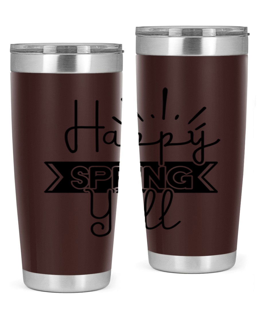 Happy Spring Yall173# Tumbler in vibrant colors, showcasing its double wall vacuum stainless steel design and drink-thru lid.