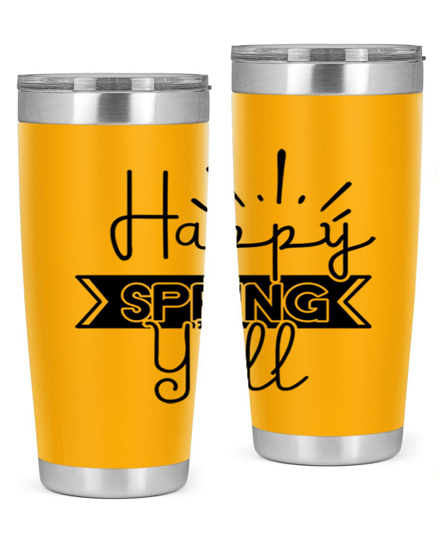 Happy Spring Yall173# Tumbler in vibrant colors, showcasing its double wall vacuum stainless steel design and drink-thru lid.