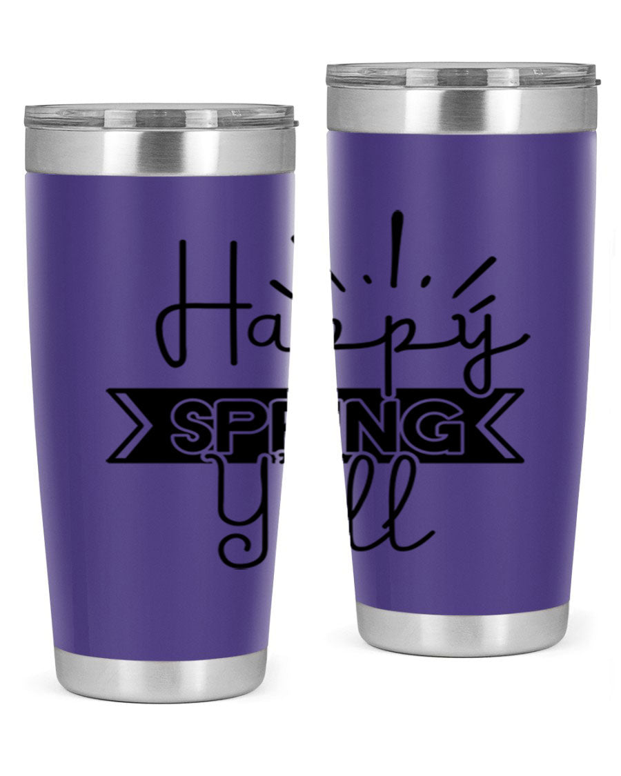Happy Spring Yall173# Tumbler in vibrant colors, showcasing its double wall vacuum stainless steel design and drink-thru lid.