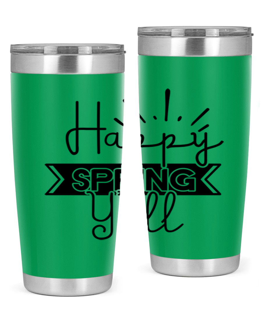 Happy Spring Yall173# Tumbler in vibrant colors, showcasing its double wall vacuum stainless steel design and drink-thru lid.
