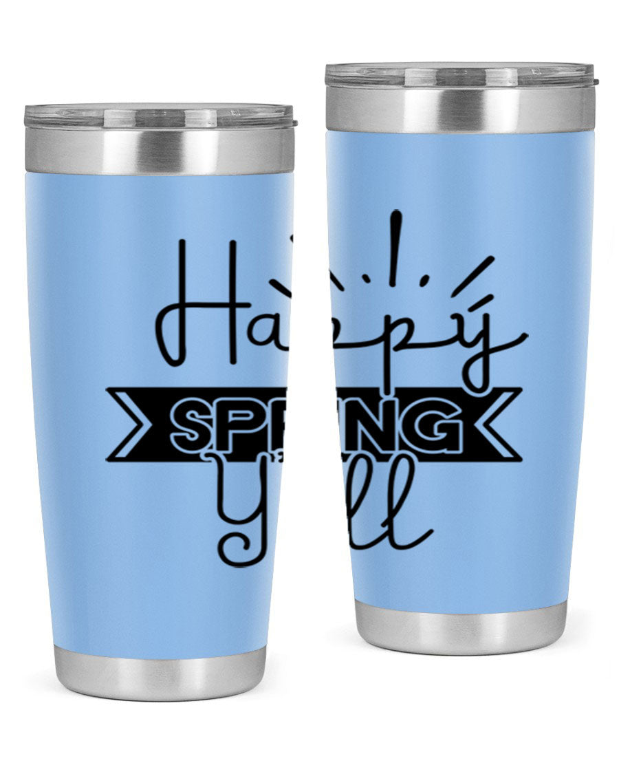 Happy Spring Yall173# Tumbler in vibrant colors, showcasing its double wall vacuum stainless steel design and drink-thru lid.