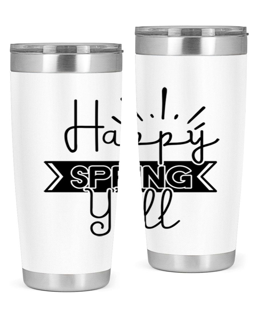 Happy Spring Yall173# Tumbler in vibrant colors, showcasing its double wall vacuum stainless steel design and drink-thru lid.