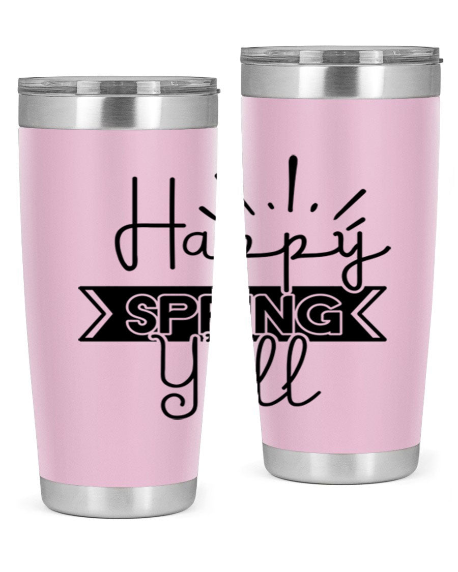 Happy Spring Yall173# Tumbler in vibrant colors, showcasing its double wall vacuum stainless steel design and drink-thru lid.