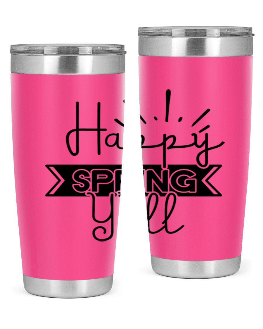 Happy Spring Yall173# Tumbler in vibrant colors, showcasing its double wall vacuum stainless steel design and drink-thru lid.