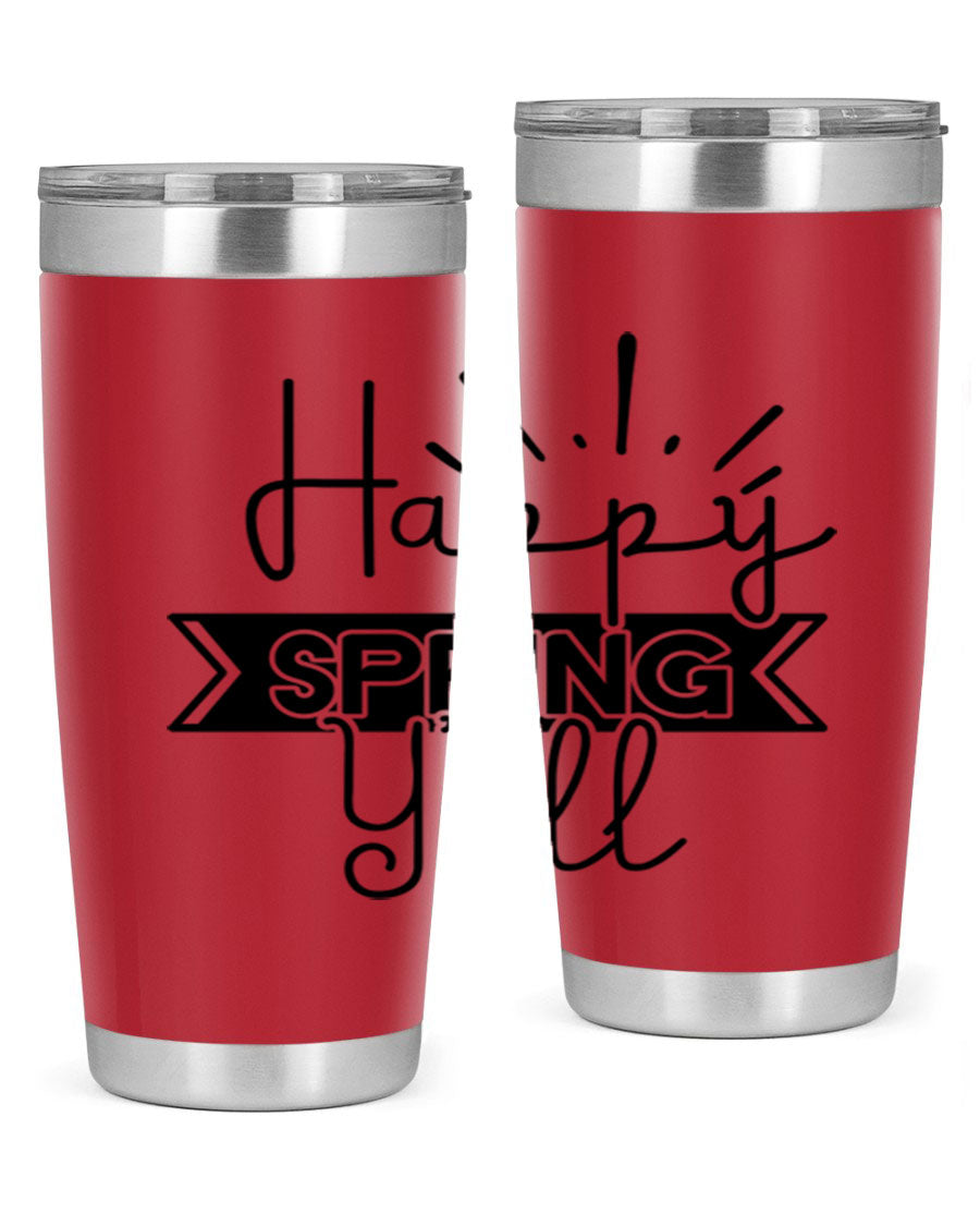 Happy Spring Yall173# Tumbler in vibrant colors, showcasing its double wall vacuum stainless steel design and drink-thru lid.