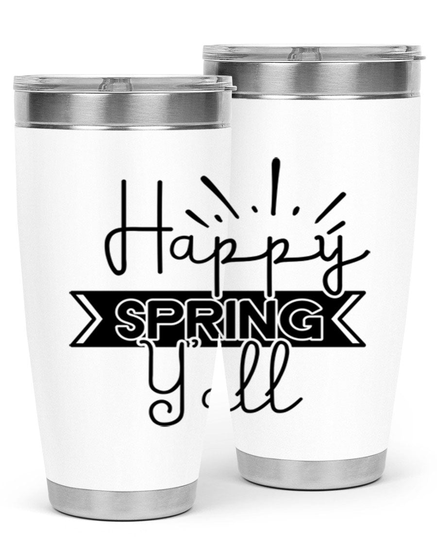 Happy Spring Yall173# Tumbler in vibrant colors, showcasing its double wall vacuum stainless steel design and drink-thru lid.