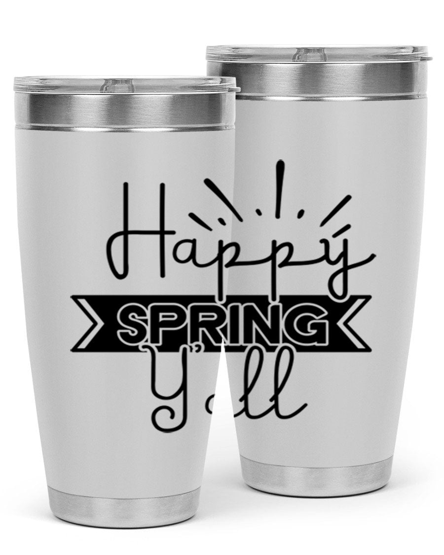 Happy Spring Yall173# Tumbler in vibrant colors, showcasing its double wall vacuum stainless steel design and drink-thru lid.