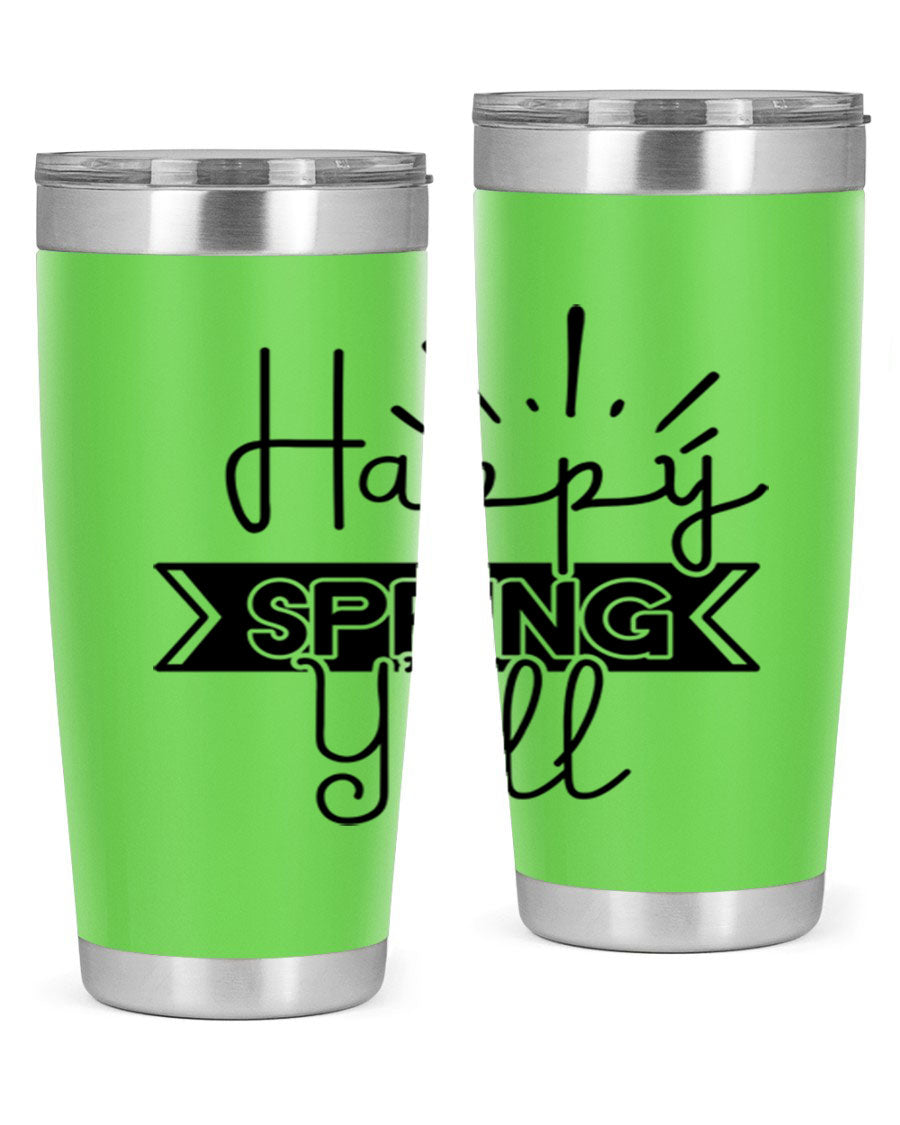 Happy Spring Yall173# Tumbler in vibrant colors, showcasing its double wall vacuum stainless steel design and drink-thru lid.