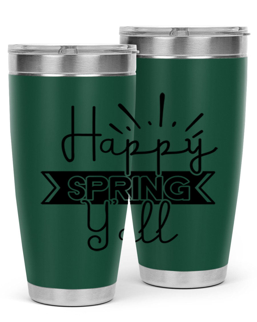 Happy Spring Yall173# Tumbler in vibrant colors, showcasing its double wall vacuum stainless steel design and drink-thru lid.