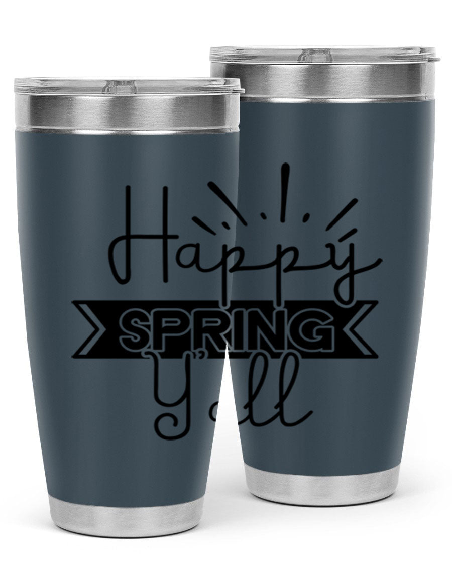 Happy Spring Yall173# Tumbler in vibrant colors, showcasing its double wall vacuum stainless steel design and drink-thru lid.