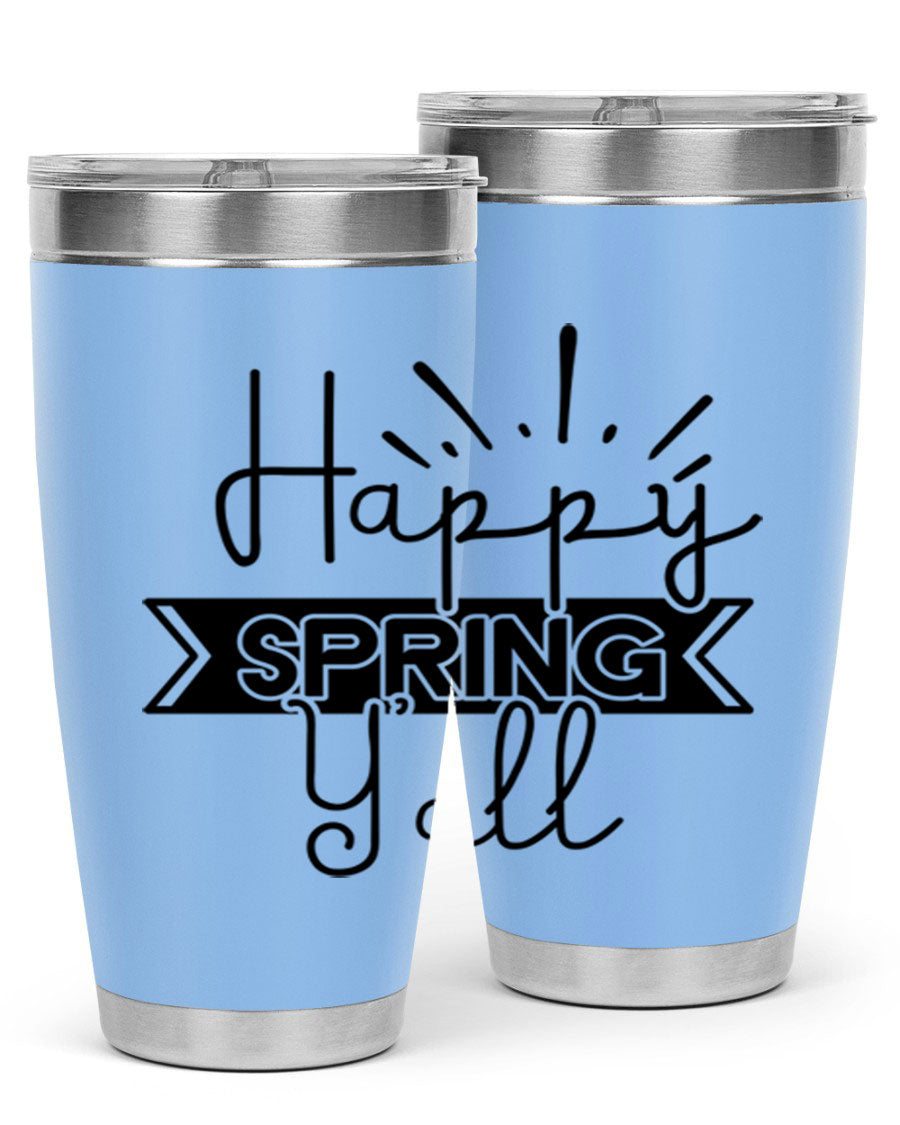 Happy Spring Yall173# Tumbler in vibrant colors, showcasing its double wall vacuum stainless steel design and drink-thru lid.