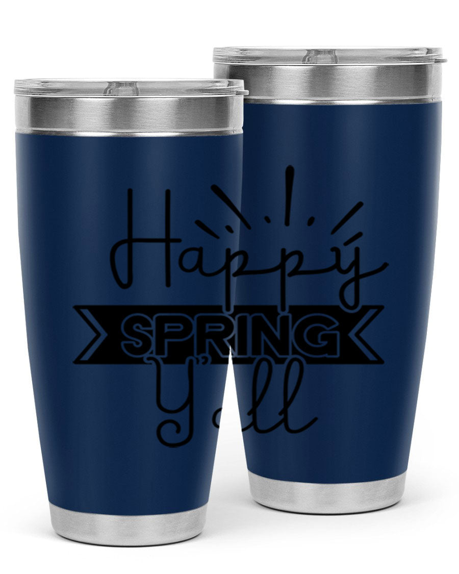 Happy Spring Yall173# Tumbler in vibrant colors, showcasing its double wall vacuum stainless steel design and drink-thru lid.