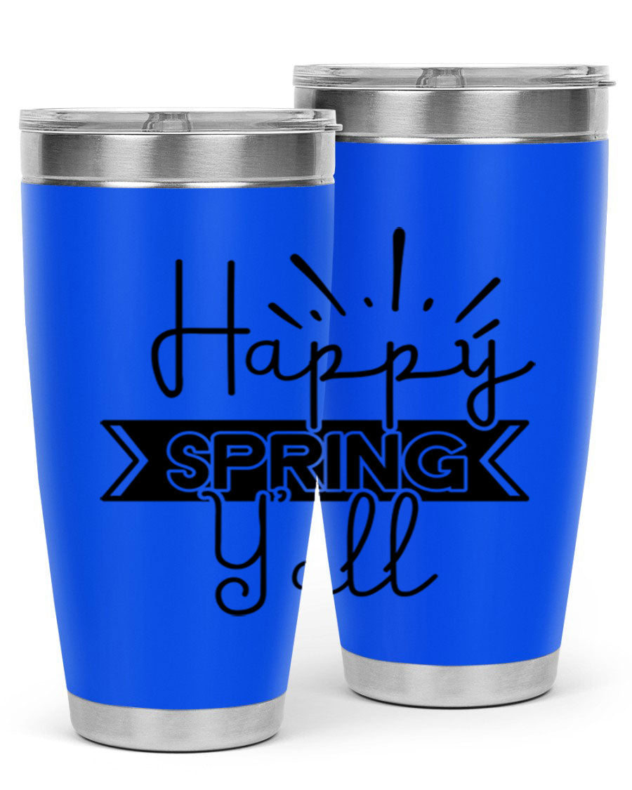 Happy Spring Yall173# Tumbler in vibrant colors, showcasing its double wall vacuum stainless steel design and drink-thru lid.