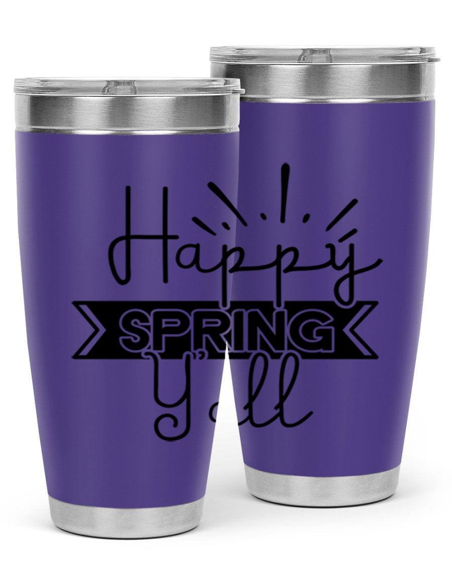 Happy Spring Yall173# Tumbler in vibrant colors, showcasing its double wall vacuum stainless steel design and drink-thru lid.