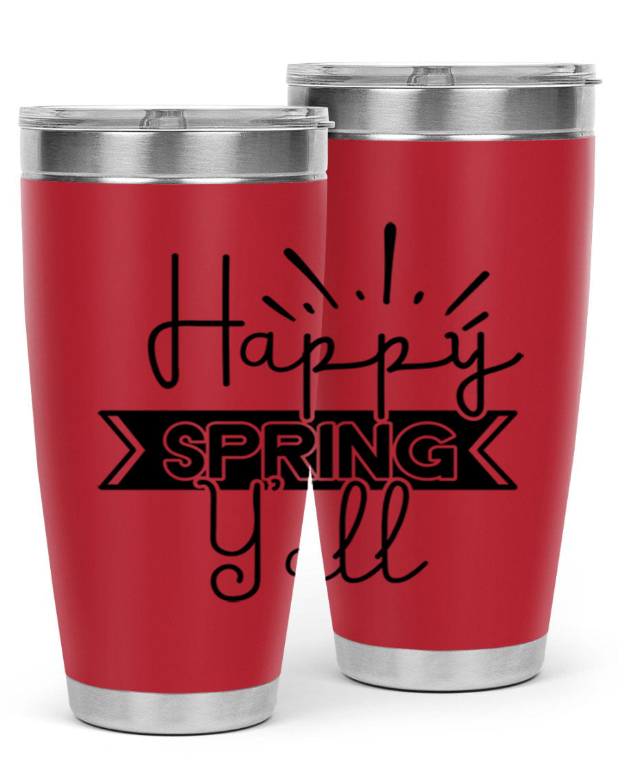 Happy Spring Yall173# Tumbler in vibrant colors, showcasing its double wall vacuum stainless steel design and drink-thru lid.
