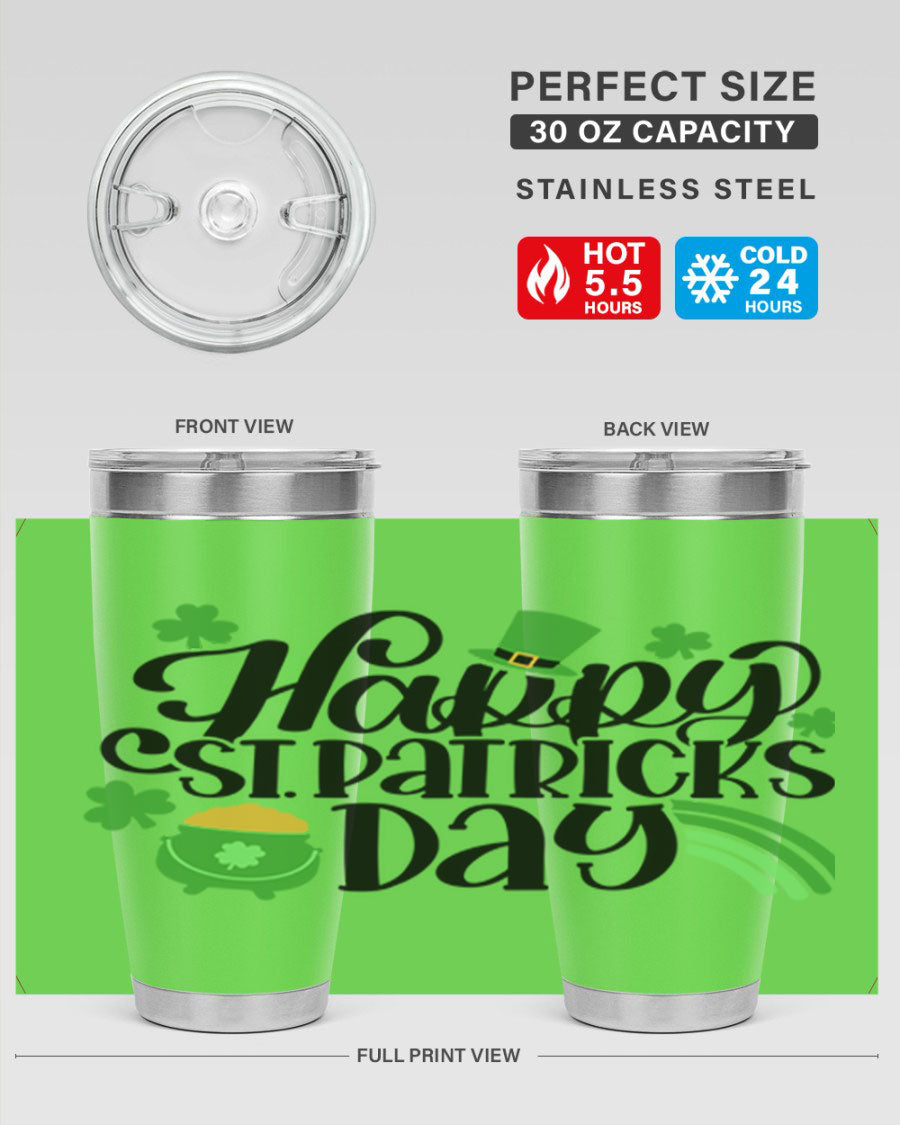 Happy St Patricks Day Style 88# 20oz tumbler featuring a festive design, double wall vacuum insulation, and a drink-thru lid.