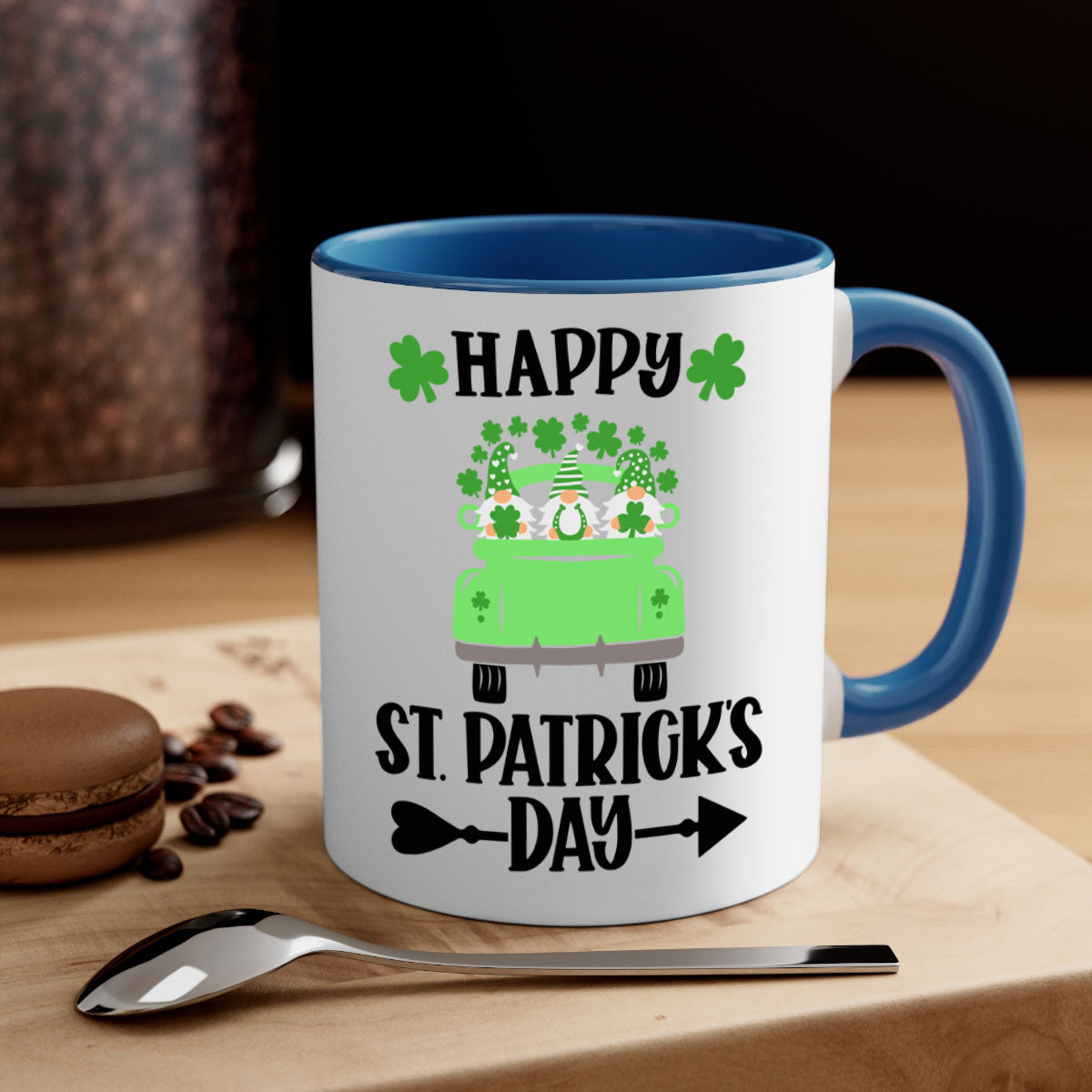 Happy St Patricks Day Style 90# Mug with a glossy finish, featuring a colored handle and interior, available in multiple colors.
