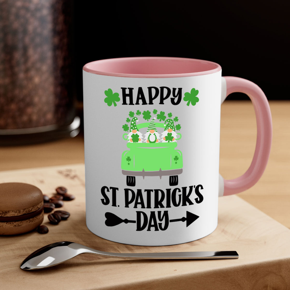 Happy St Patricks Day Style 90# Mug with a glossy finish, featuring a colored handle and interior, available in multiple colors.