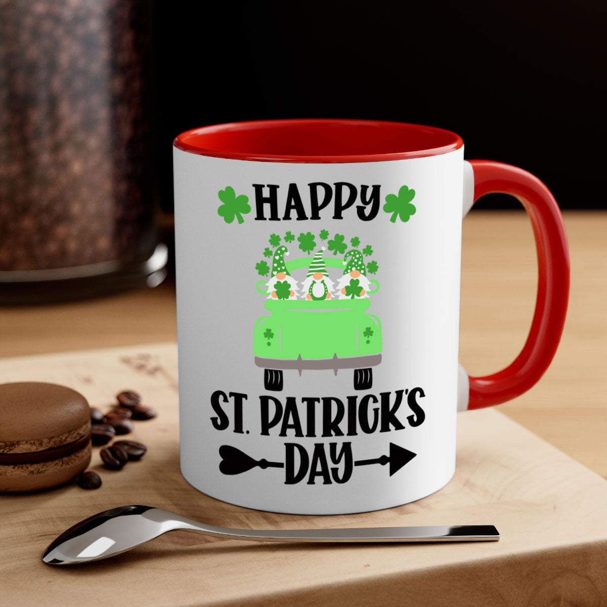 Happy St Patricks Day Style 90# Mug with a glossy finish, featuring a colored handle and interior, available in multiple colors.