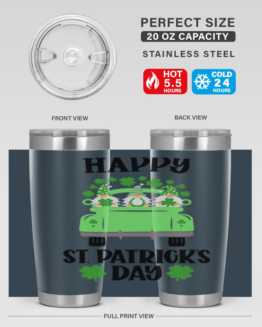 Happy St Patricks Day Style 92# 20oz tumbler featuring a vibrant design, double wall vacuum insulation, and a drink-thru lid.