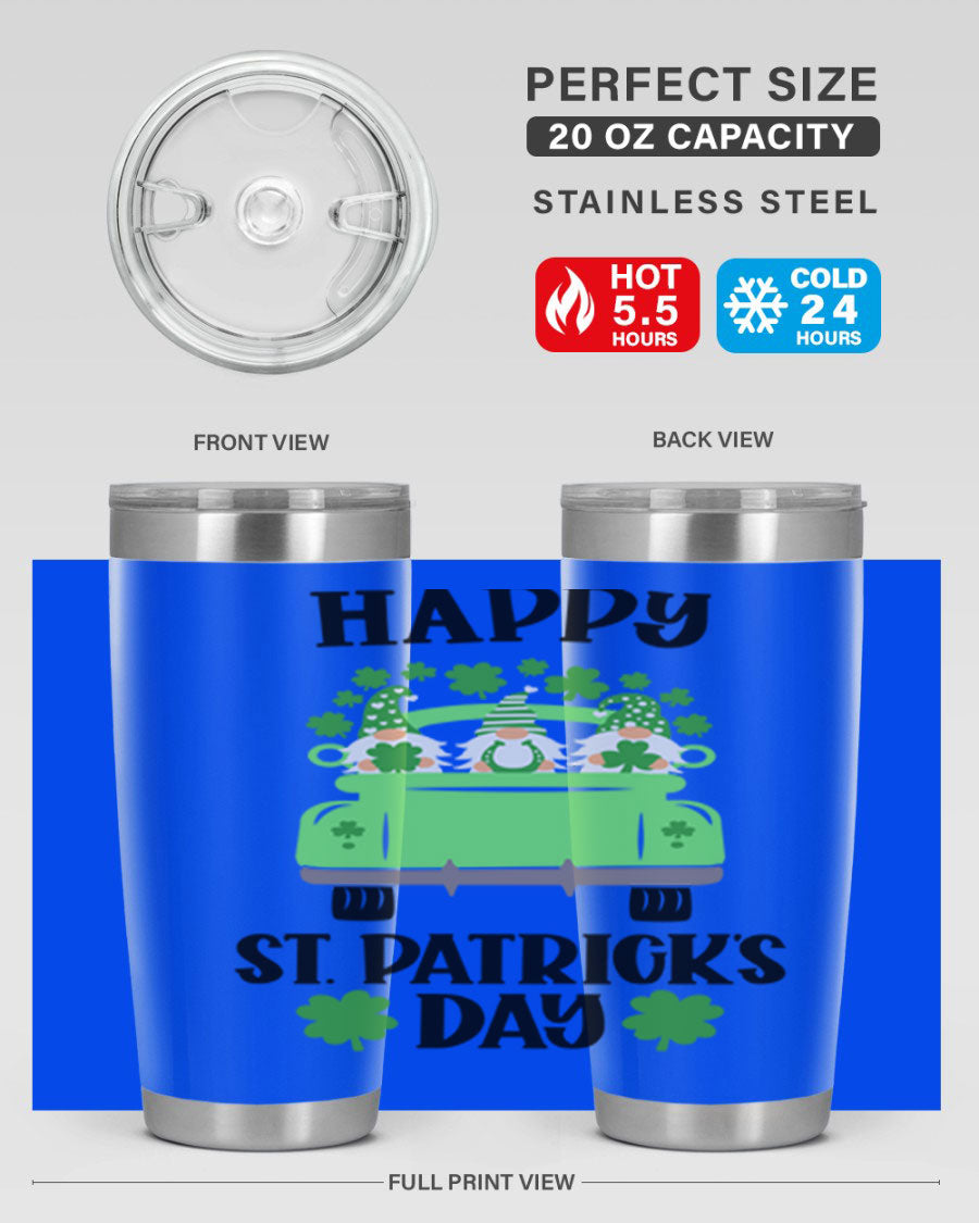 Happy St Patricks Day Style 92# 20oz tumbler featuring a vibrant design, double wall vacuum insulation, and a drink-thru lid.