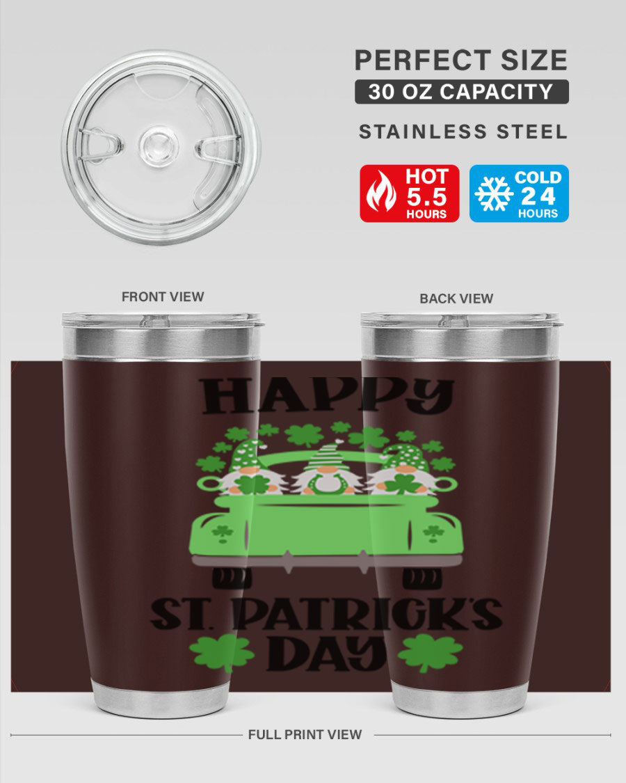 Happy St Patricks Day Style 92# 20oz tumbler featuring a vibrant design, double wall vacuum insulation, and a drink-thru lid.