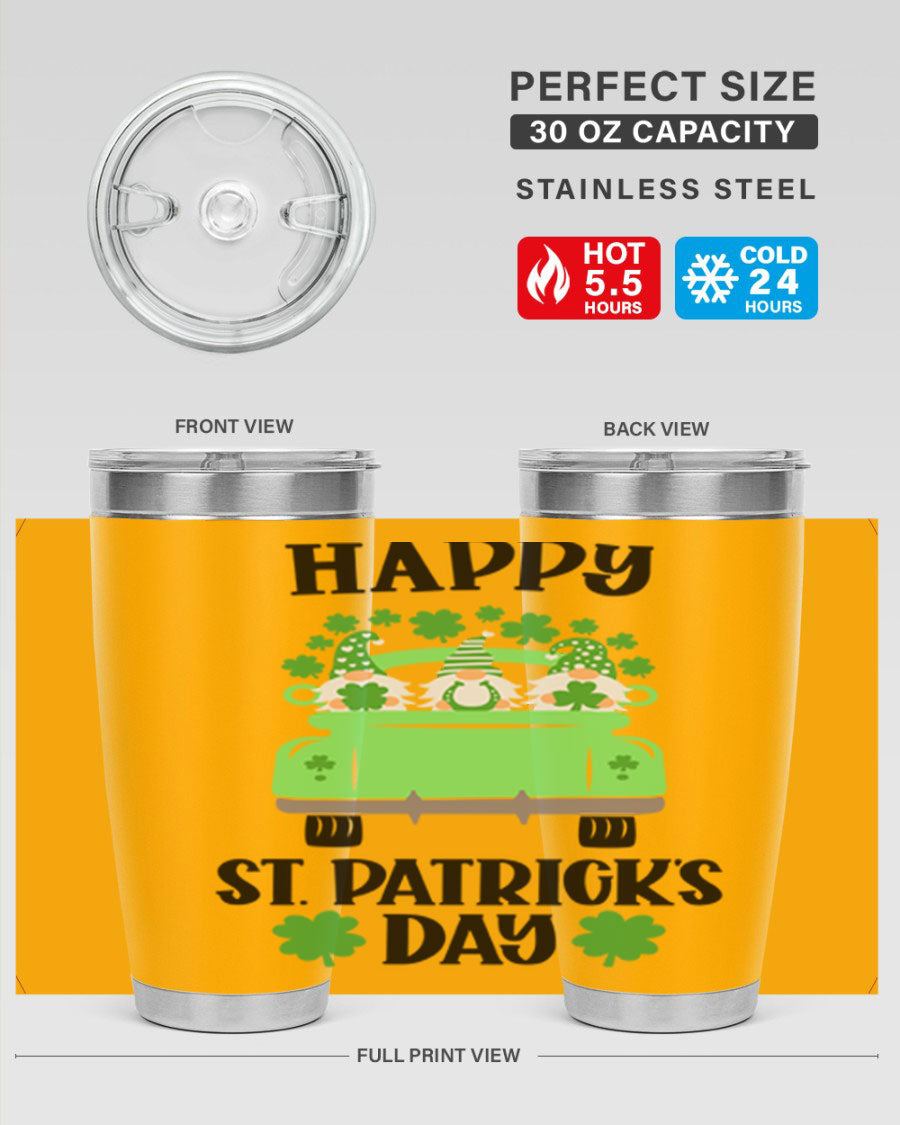Happy St Patricks Day Style 92# 20oz tumbler featuring a vibrant design, double wall vacuum insulation, and a drink-thru lid.