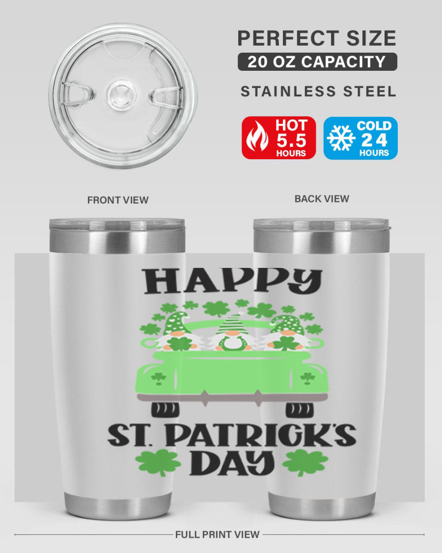 Happy St Patricks Day Style 92# 20oz tumbler featuring a vibrant design, double wall vacuum insulation, and a drink-thru lid.