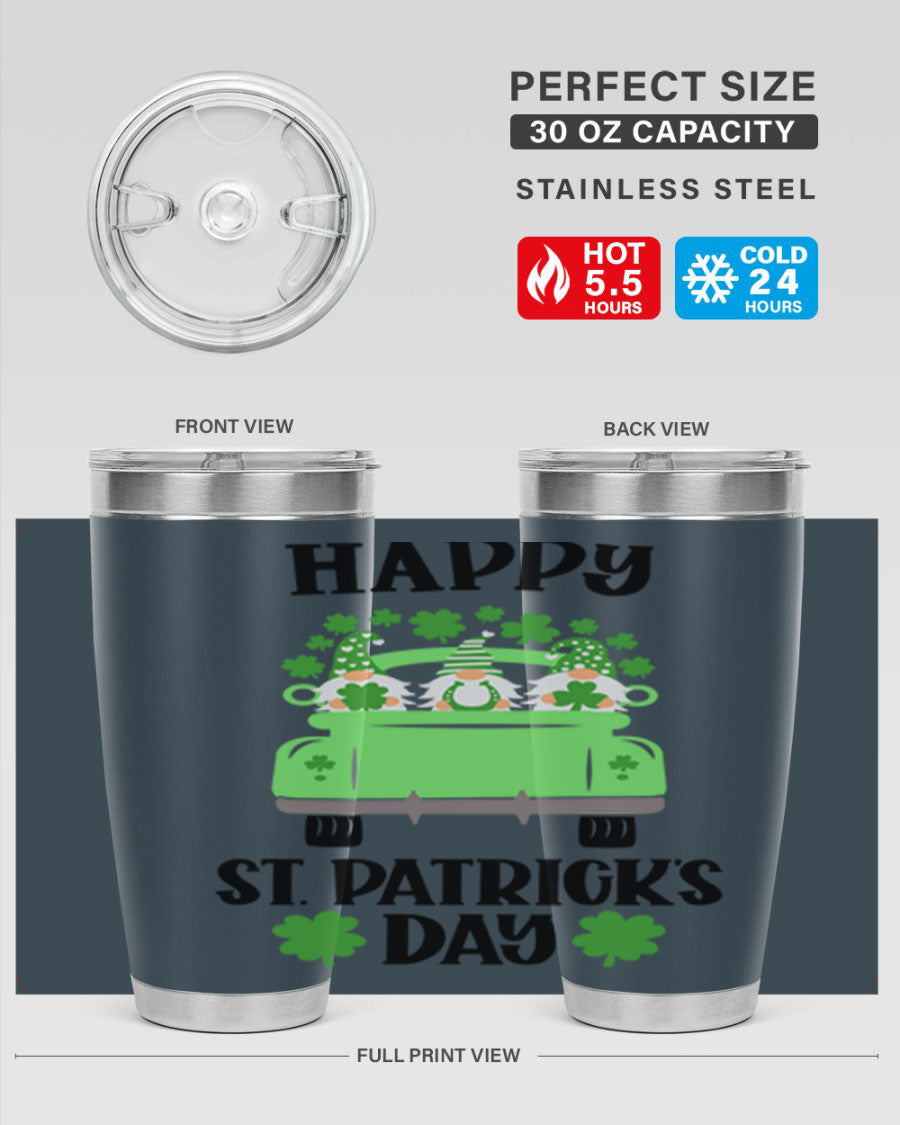 Happy St Patricks Day Style 92# 20oz tumbler featuring a vibrant design, double wall vacuum insulation, and a drink-thru lid.