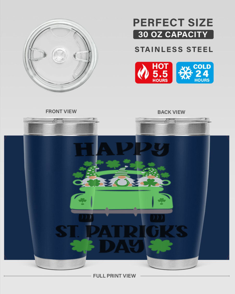 Happy St Patricks Day Style 92# 20oz tumbler featuring a vibrant design, double wall vacuum insulation, and a drink-thru lid.