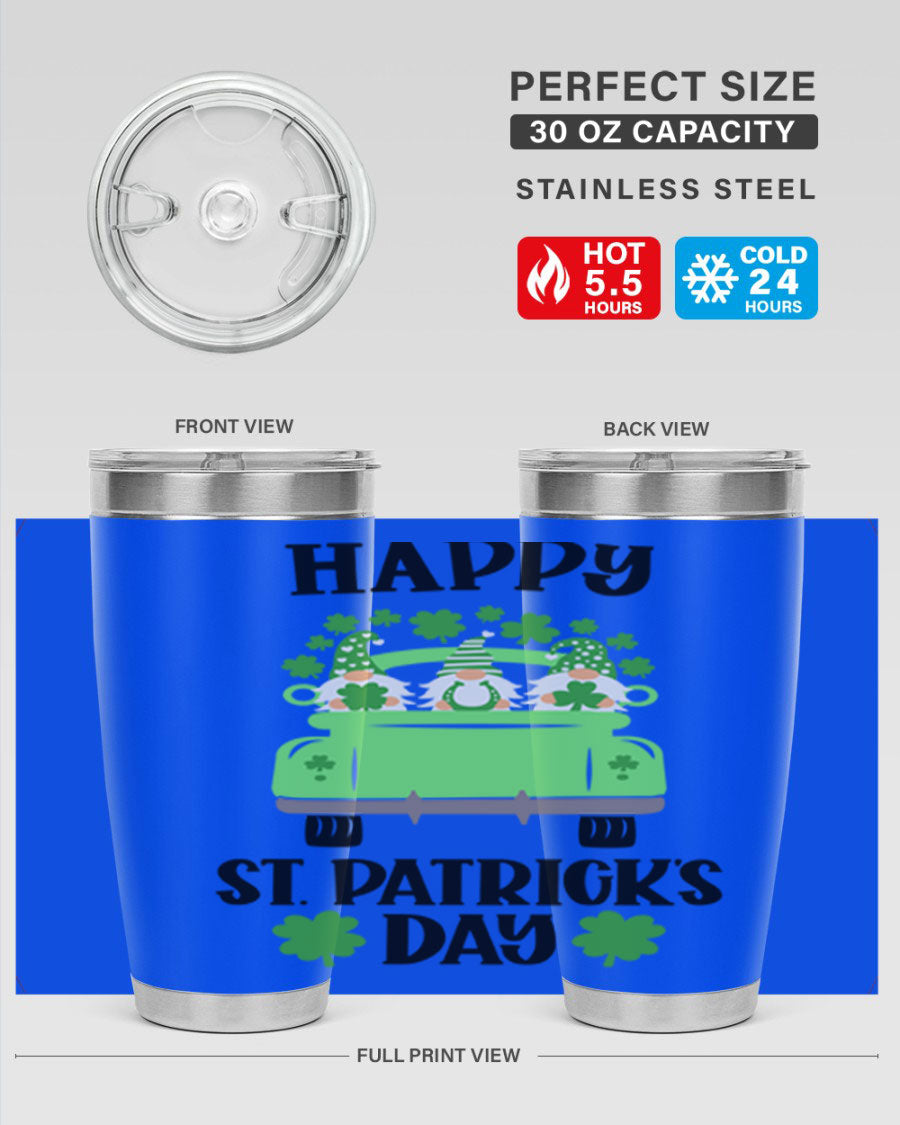 Happy St Patricks Day Style 92# 20oz tumbler featuring a vibrant design, double wall vacuum insulation, and a drink-thru lid.
