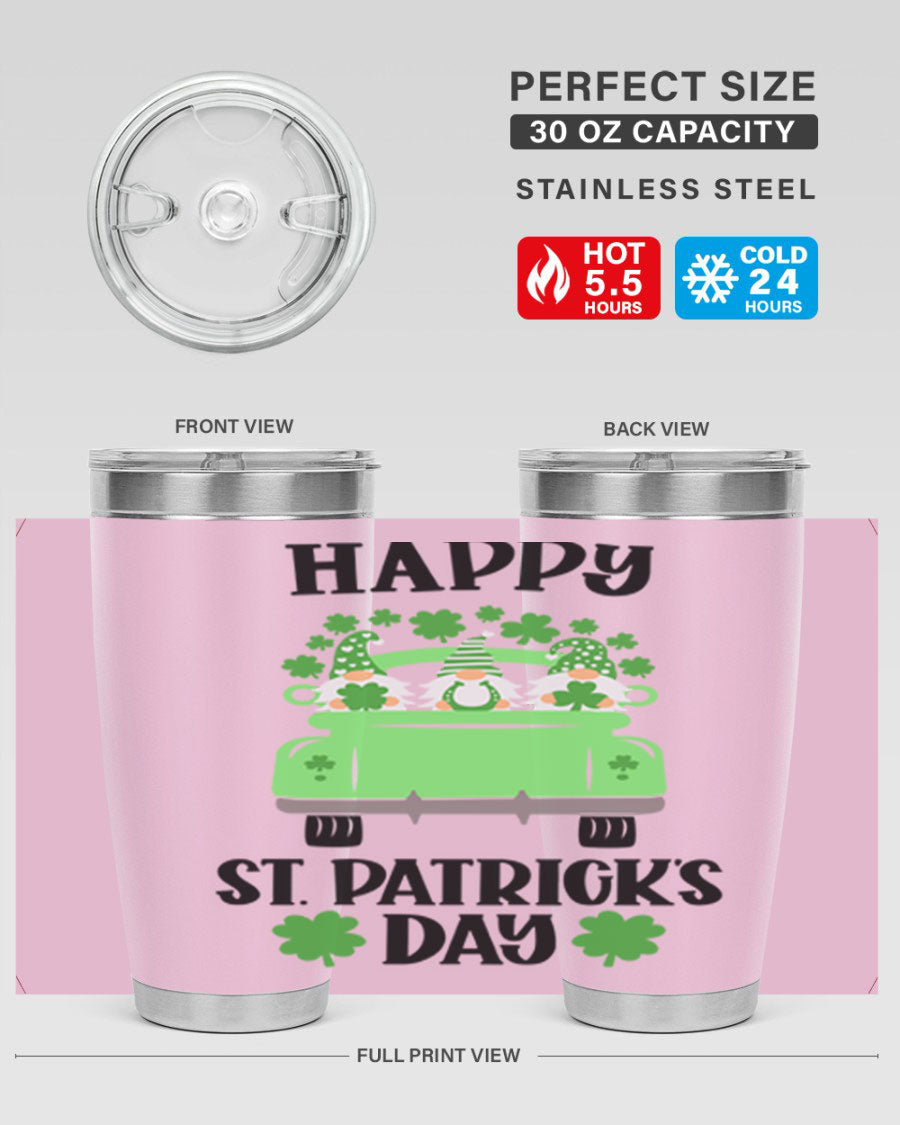 Happy St Patricks Day Style 92# 20oz tumbler featuring a vibrant design, double wall vacuum insulation, and a drink-thru lid.