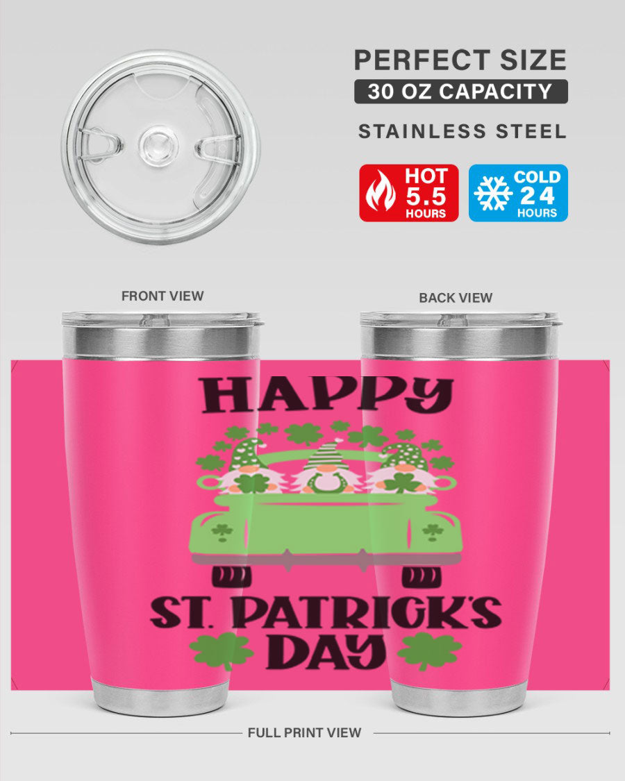 Happy St Patricks Day Style 92# 20oz tumbler featuring a vibrant design, double wall vacuum insulation, and a drink-thru lid.