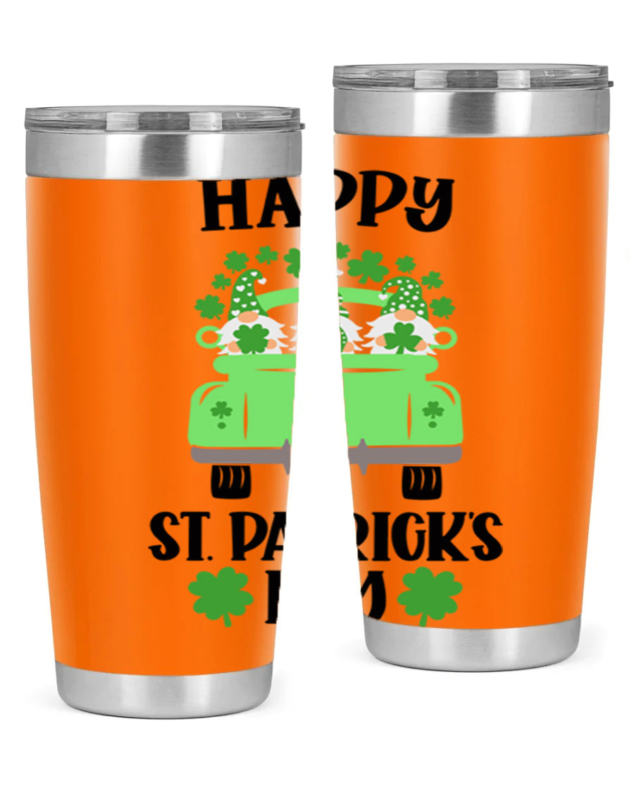 Happy St Patricks Day Style 92# 20oz tumbler featuring a vibrant design, double wall vacuum insulation, and a drink-thru lid.