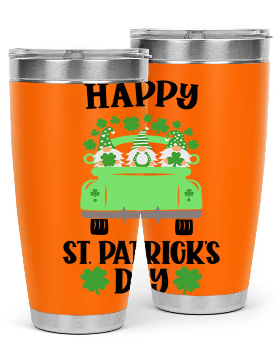 Happy St Patricks Day Style 92# 20oz tumbler featuring a vibrant design, double wall vacuum insulation, and a drink-thru lid.