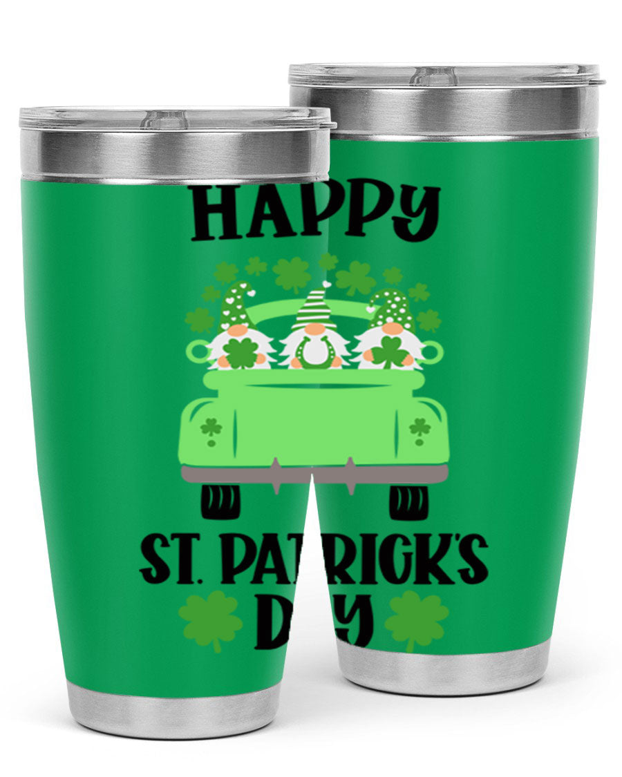 Happy St Patricks Day Style 92# 20oz tumbler featuring a vibrant design, double wall vacuum insulation, and a drink-thru lid.