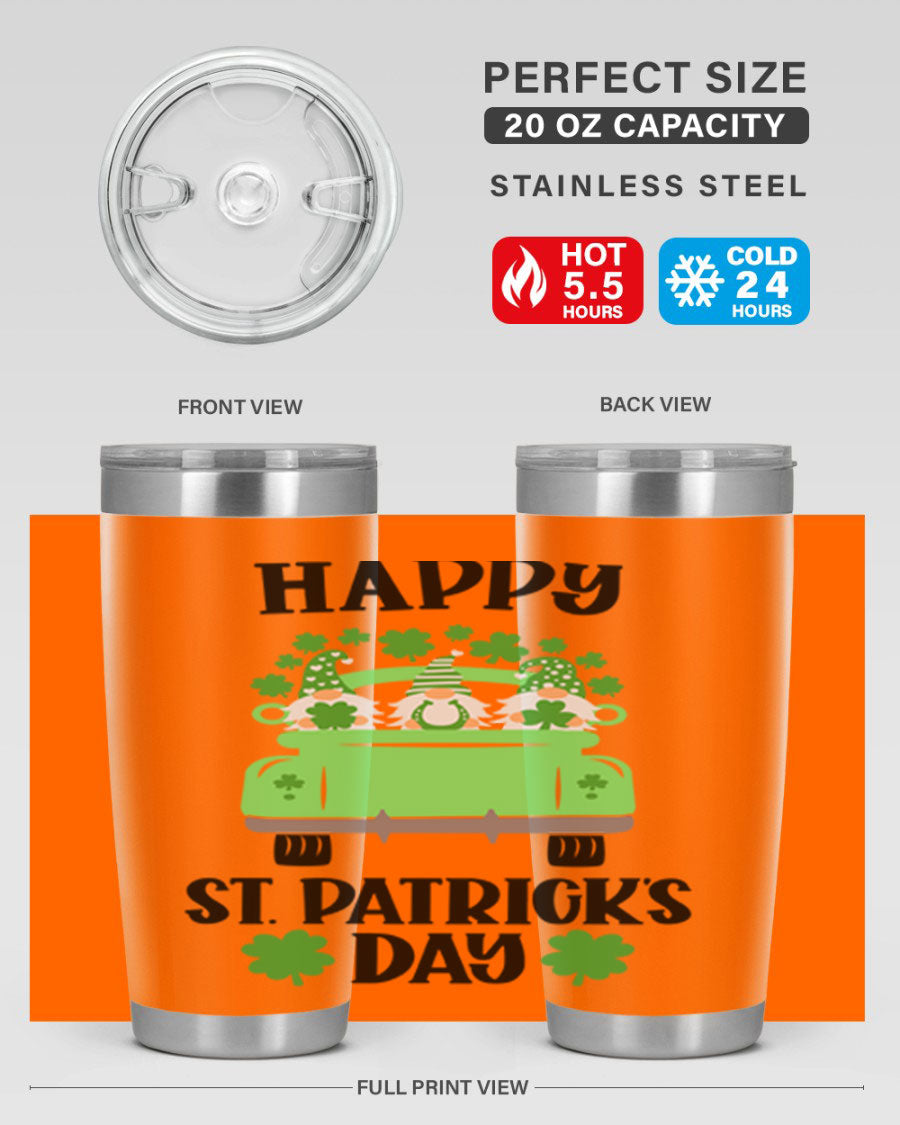 Happy St Patricks Day Style 92# 20oz tumbler featuring a vibrant design, double wall vacuum insulation, and a drink-thru lid.