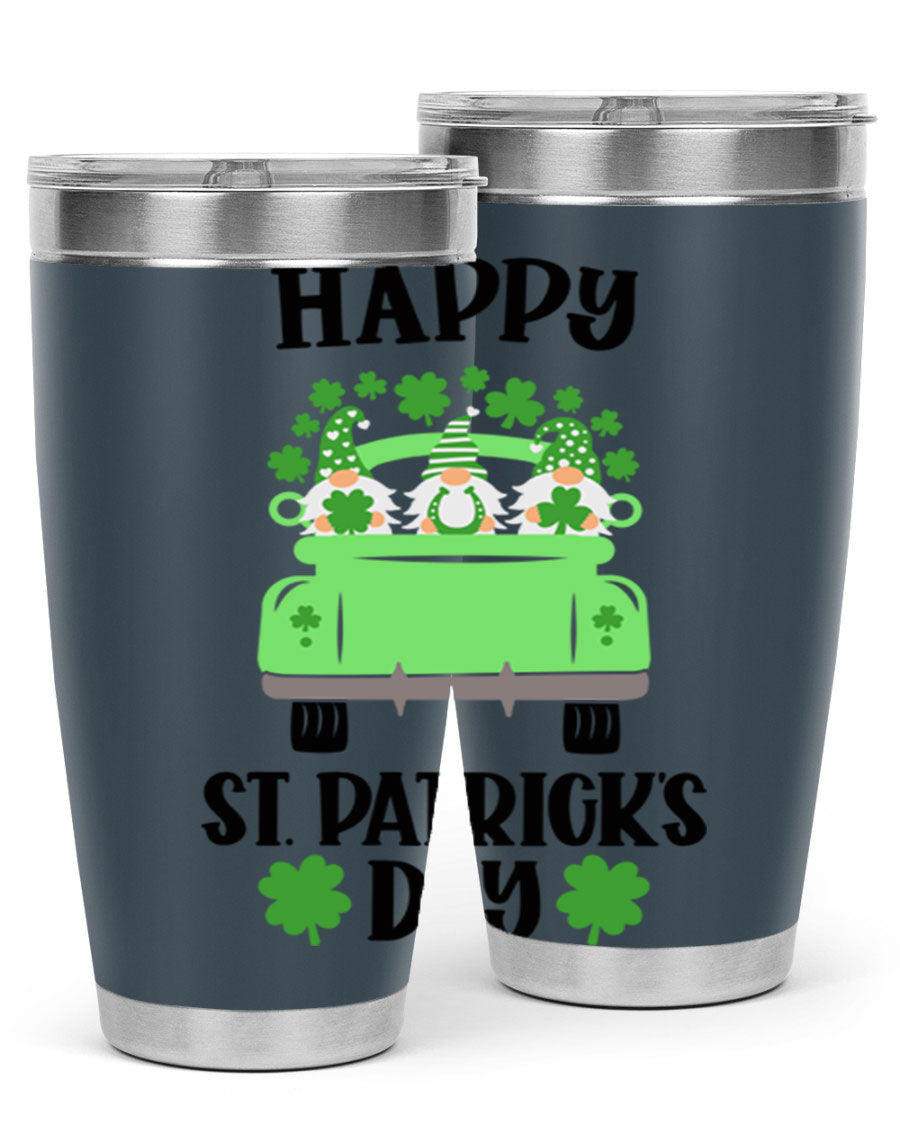 Happy St Patricks Day Style 92# 20oz tumbler featuring a vibrant design, double wall vacuum insulation, and a drink-thru lid.